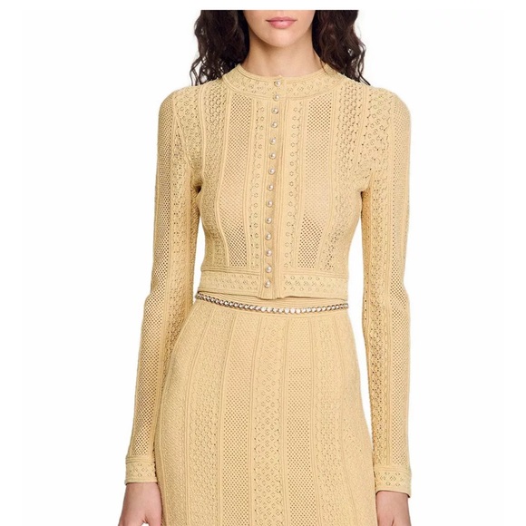 Pointelle Knit Cardigan pearl buttonyellow cream gold 0 XS